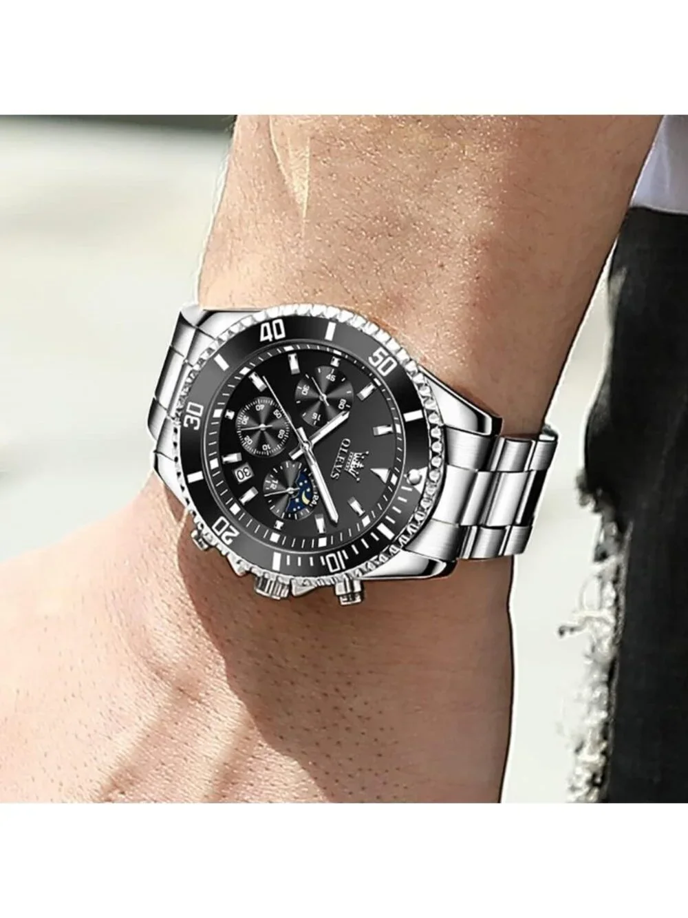 Men's Black Silver Premium Stainless Analog Rotatable Bezel Date Steel Watch